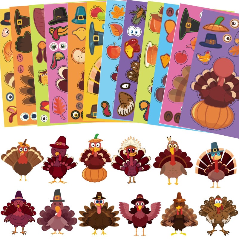 UDTAATO 36 Sheets Thanksgiving Stickers(12 Different Designs)  Thanksgiving Crafts for Kids Thanksgiving Make Your Own Turkey Stickers for Kids DIY Turkey Games Thanksgiving Fall Party Favors Supplies - Image 1